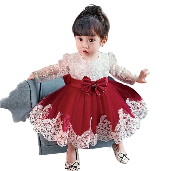 Baby Girl Lace Dress Long Sleeve Tulle Skirt Elegant Infant Party Gown with Bow for Birthday Wedding Christening