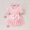 thumbnail image 1 of Baby Girl Lace Romper Dress Ribbed Knit Bodysuit with Puff Sleeves Pink 0-3 Months, 1 of 8