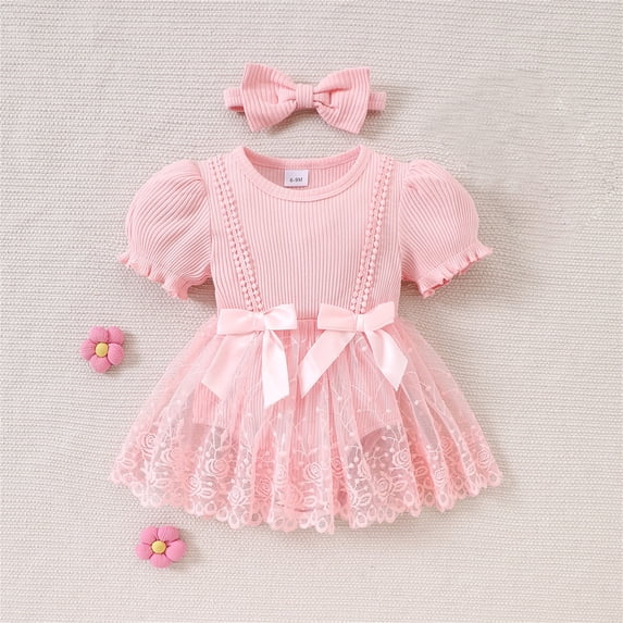 Baby Girl Lace Romper Dress Ribbed Knit Bodysuit with Puff Sleeves Pink 0-3 Months