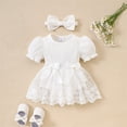 thumbnail image 1 of Baby Girl Lace Romper Dress Ribbed Knit Bodysuit with Puff Sleeves White 9-12 Months, 1 of 8