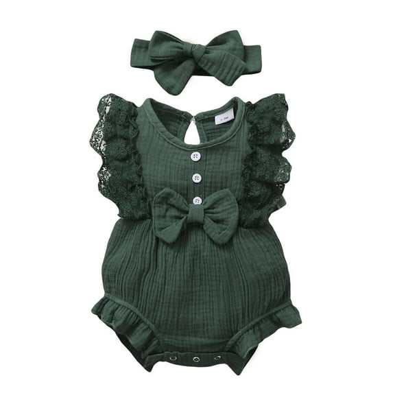 Baby Girl Lace Romper Sleeveless Ruffle Bow Decorated Romper Jumpsuit Bodysuit with Headband Newborn Baby Clothes 0-18 Months