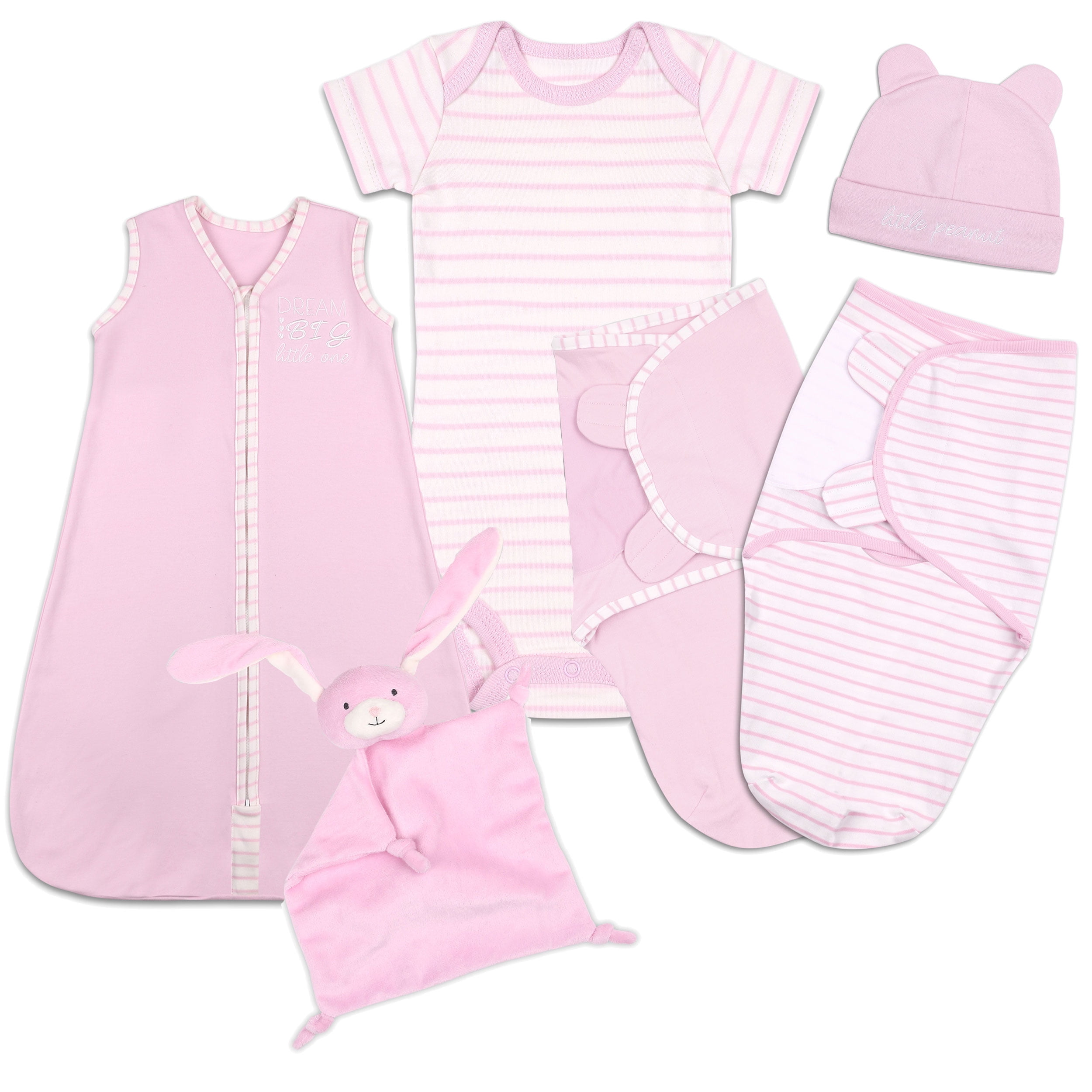 Baby Girl Layette 6-Piece Gift Set - Pink Sleep Bag, Swaddles, Bodysuit, Hat, and Blanket