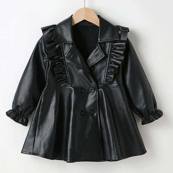Baby Girl Leather Motorcycle Jacket Cute Ruffle Spring Fall PU Coat Children's Fashion Long Dress Faux Leather Long Sleeve Skirt Coat Girl's Versatile Top