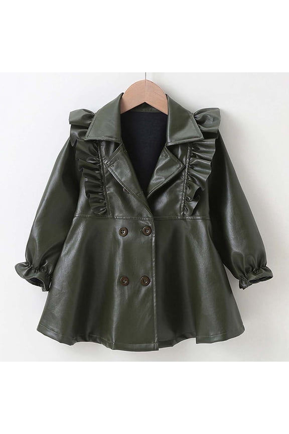 Baby Girl Leather Motorcycle Jacket Cute Ruffle Spring Fall PU Coat Children's Fashion Long Dress Faux Leather Long Sleeve Skirt Coat Girl's Versatile Top