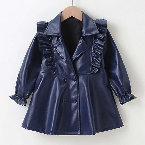 Baby Girl Leather Motorcycle Jacket Cute Ruffle Spring Fall PU Coat Children's Fashion Long Dress Faux Leather Long Sleeve Skirt Coat Girl's Versatile Top