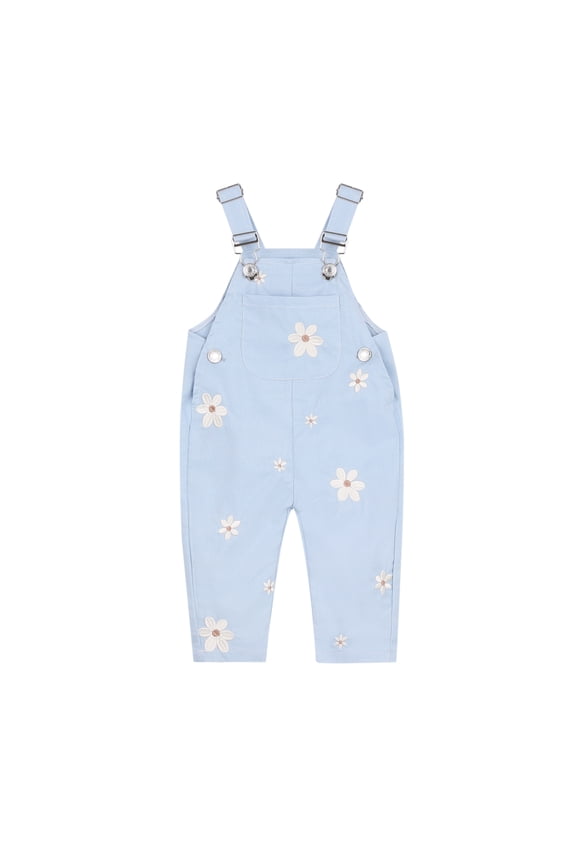 Baby Girl Light Blue Overalls with White Daisy Embroidery, Adjustable Straps, 6M-3T