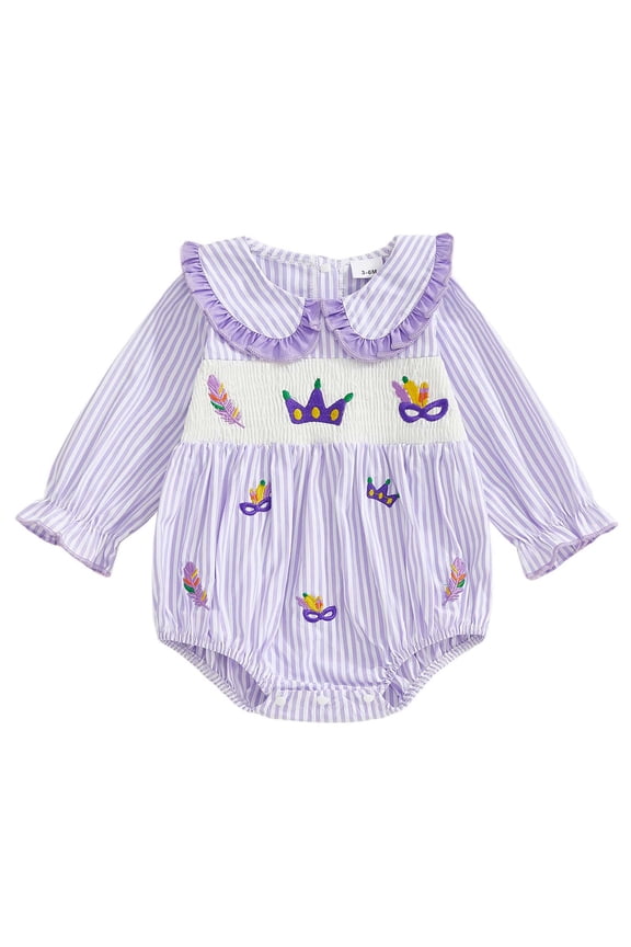 Baby Girl Mardis Gras Outfit Mask Smocked Bubble Romper Long Sleeve Ruffle Onesie Carnival Baby Spring Clothes