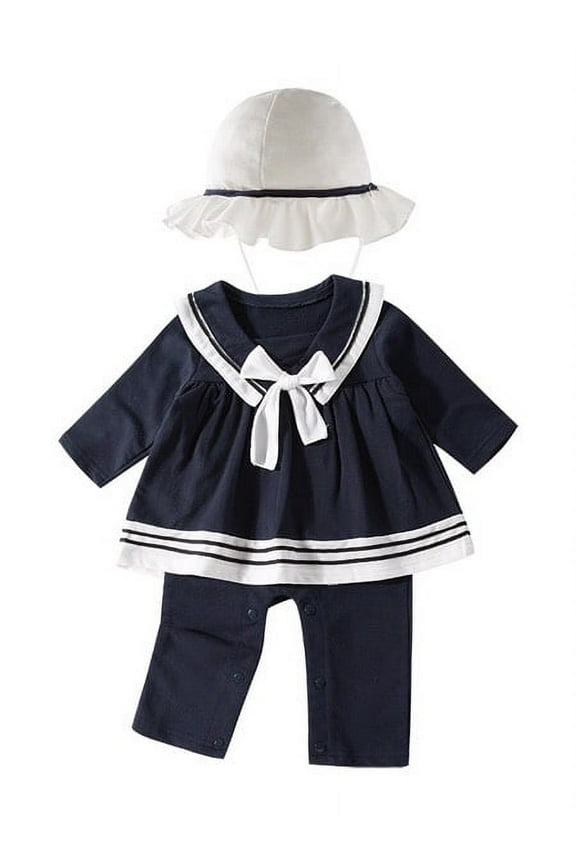 Baby Girl Marine Sailor Long Sleeves Costume Romper Onesie With Hat 2 Pcs Set (Navy Blue, 18-24 Months)
