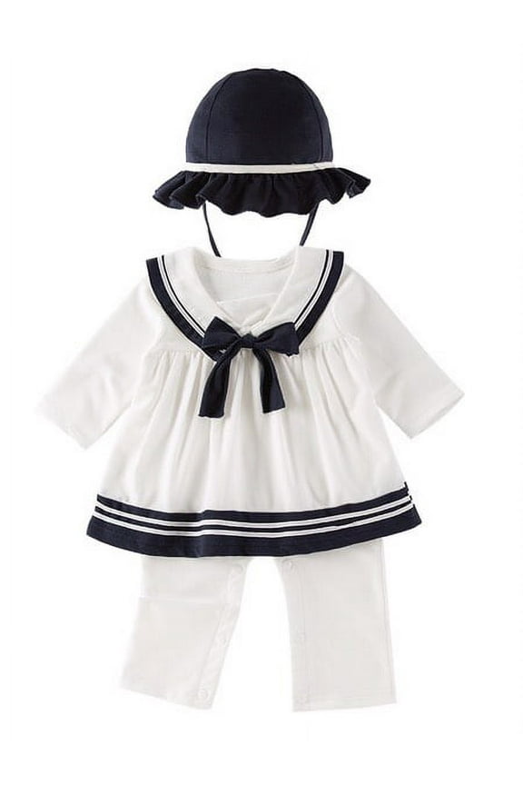 Baby Girl Marine Sailor Long Sleeves Costume Romper Onesie With Hat 2 Pcs Set (White, 12-18 Months)