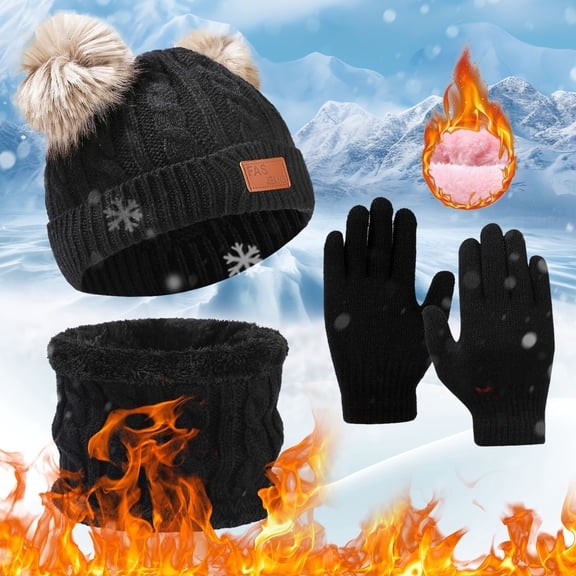 Baby Girl Mittens and Hats Kids Winter Hat Gloves Scarf Set, Girls Winter Beanie Hat Gloves Scarf Set with Knit Thick Warm Fleece Lined for 4-12 Years Old Kids Toddles