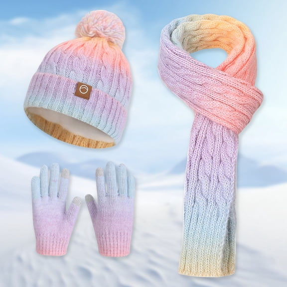 Baby Girl Mittens and Hats Kids Winter Hat Scarf Gloves Set, Warm Knit Beanie Cap Mitten Gloves Neck Scarves for 5-12 Years Old