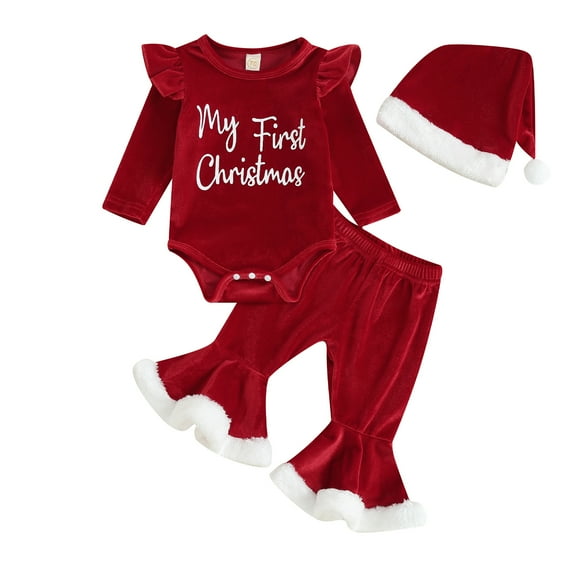 Baby Girl My 1st Christmas Outfits 3M 6M 12M 18M Letter Long Sleeve Romper Tops Bell Bottom Pants Headband 3 Pcs Clothes Set