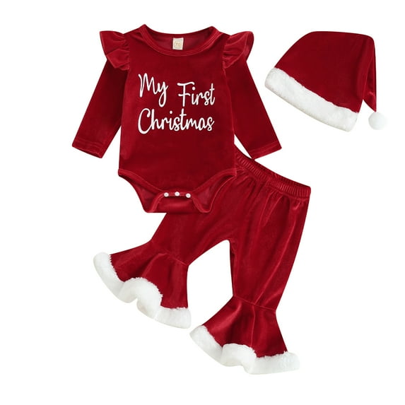 Baby Girl My 1st Christmas Outfits 3M 6M 12M 18M Letter Long Sleeve Romper Tops+Bell Bottom Pants+Headband 3 Pcs Clothes Set