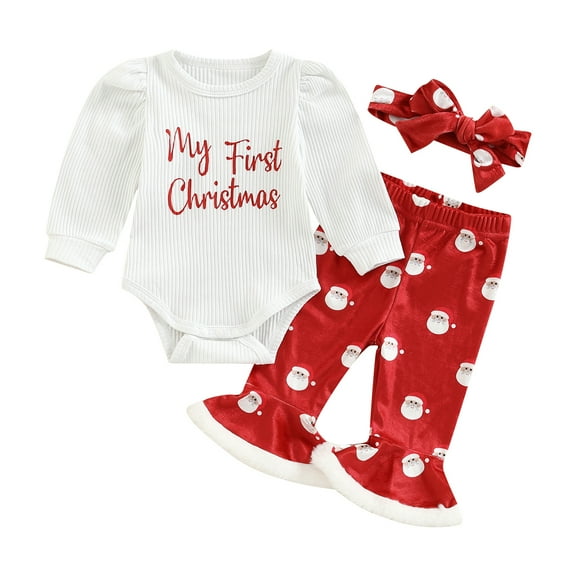 Baby Girl My 1st Christmas Outfits 3M 6M 12M 18M Letter Long Sleeve Romper Tops Bell Bottom Pants Headband 3 Pcs Clothes Set