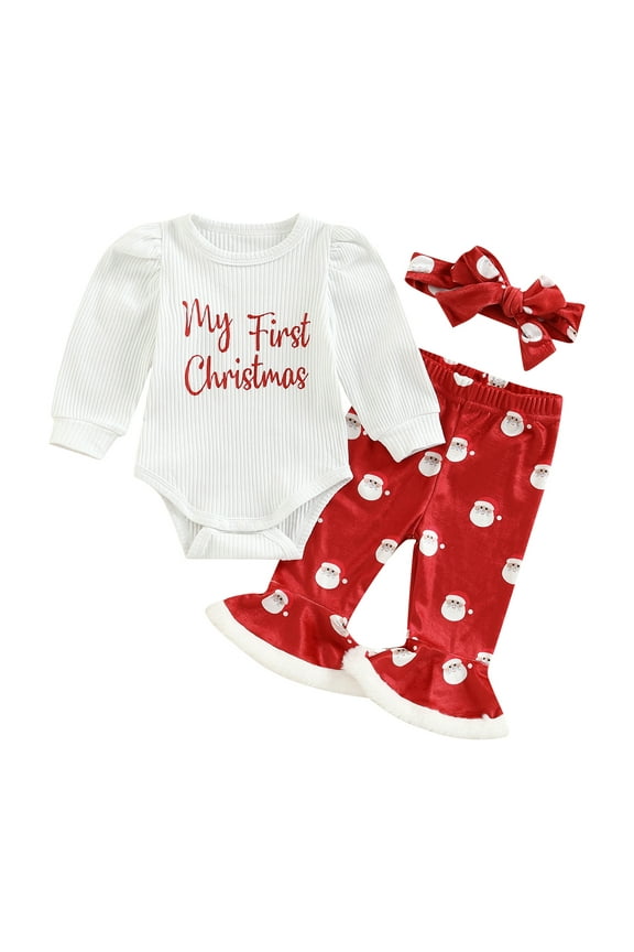 Baby Girl My 1st Christmas Outfits 3M 6M 12M 18M Letter Long Sleeve Romper Tops+Bell Bottom Pants+Headband 3 Pcs Clothes Set