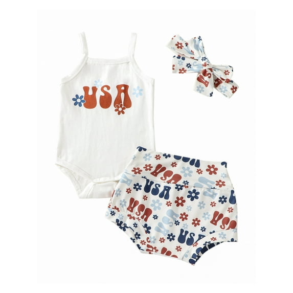 Baby Girl My First 4th of July Outfit Sleeveless Strap American Stars Striped Flag Tank Top Romper Shorts Headband 3Pcs Set