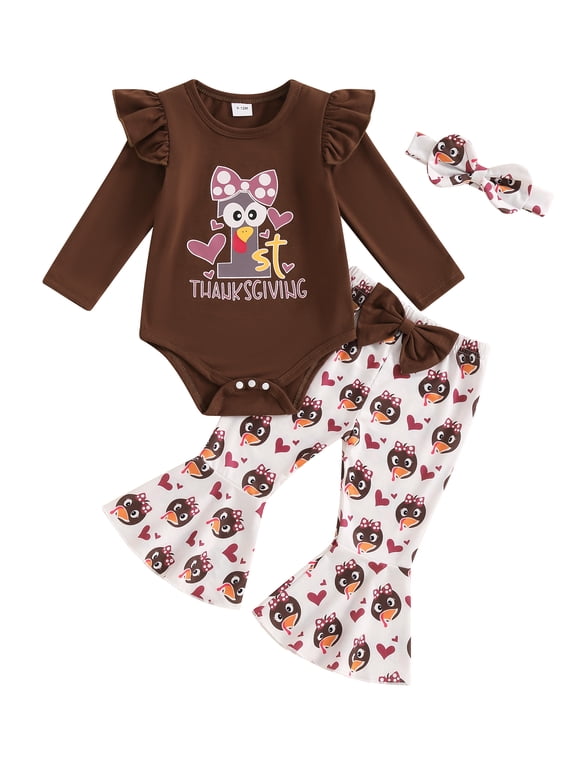 Baby Girl My First Thanksgiving Outfit Turkey Print Long Sleeve Romper Flare Pants Headband 3 Piece Fall Clothes Set