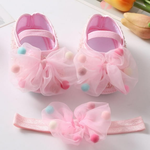 Baby Girl Net Yarn Bowknot Mary Jane Flats Shoes Soft Sole Infant Toddler First Walker Wedding Princess Dress Crib Shoes With Headband for Newborns Infants Babies and Toddlers