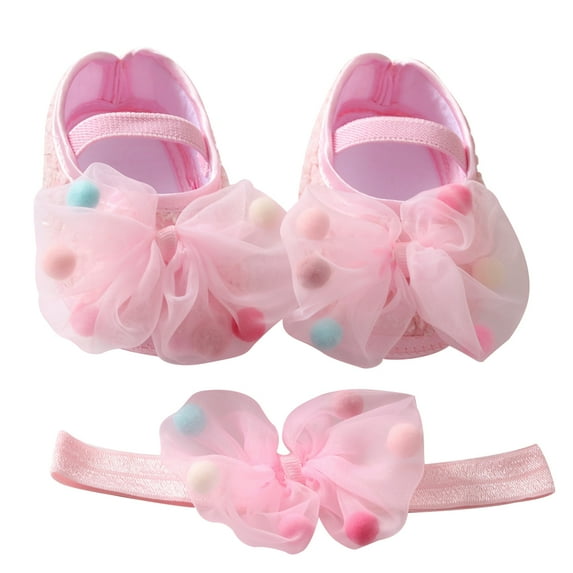 Baby Girl Net Yarn Bowknot Princess Shoes Toddler Soft Sole Walking Shoes Headband Set