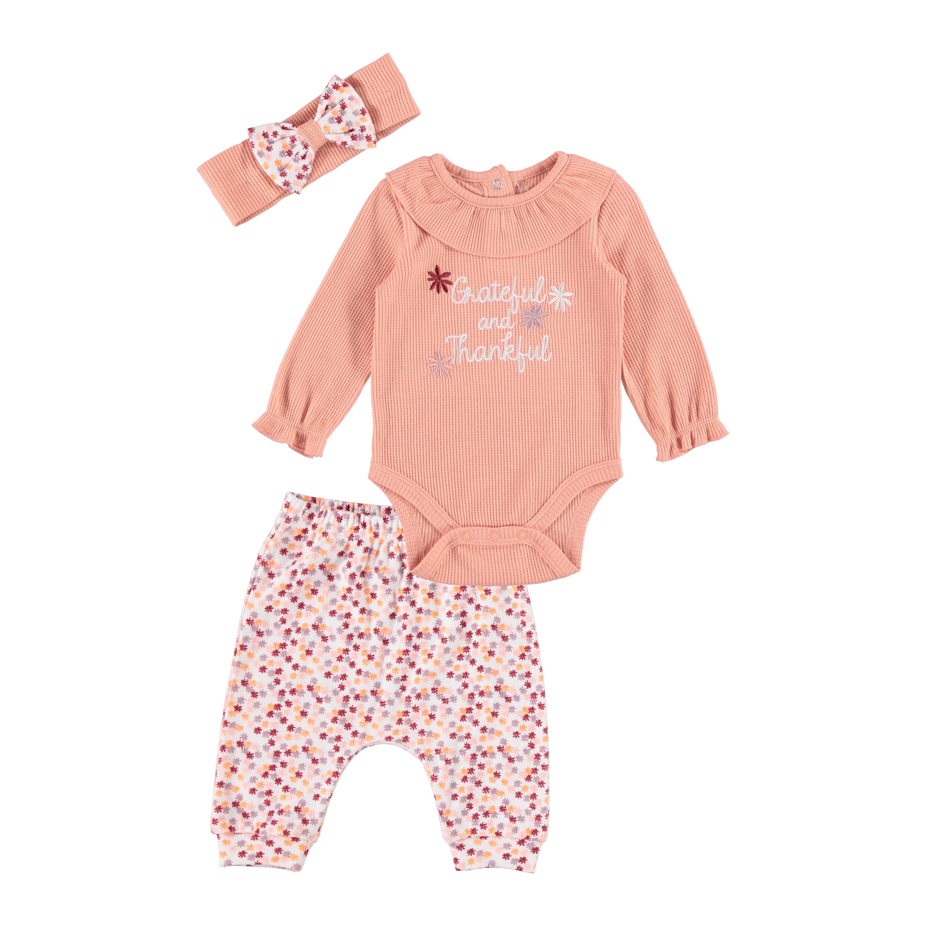 Chick Pea Baby Baby Girl Newborn Essentials Baby Onesie Bodysuit Set 3 PC Set Floral Thankful Thermal 6-9M