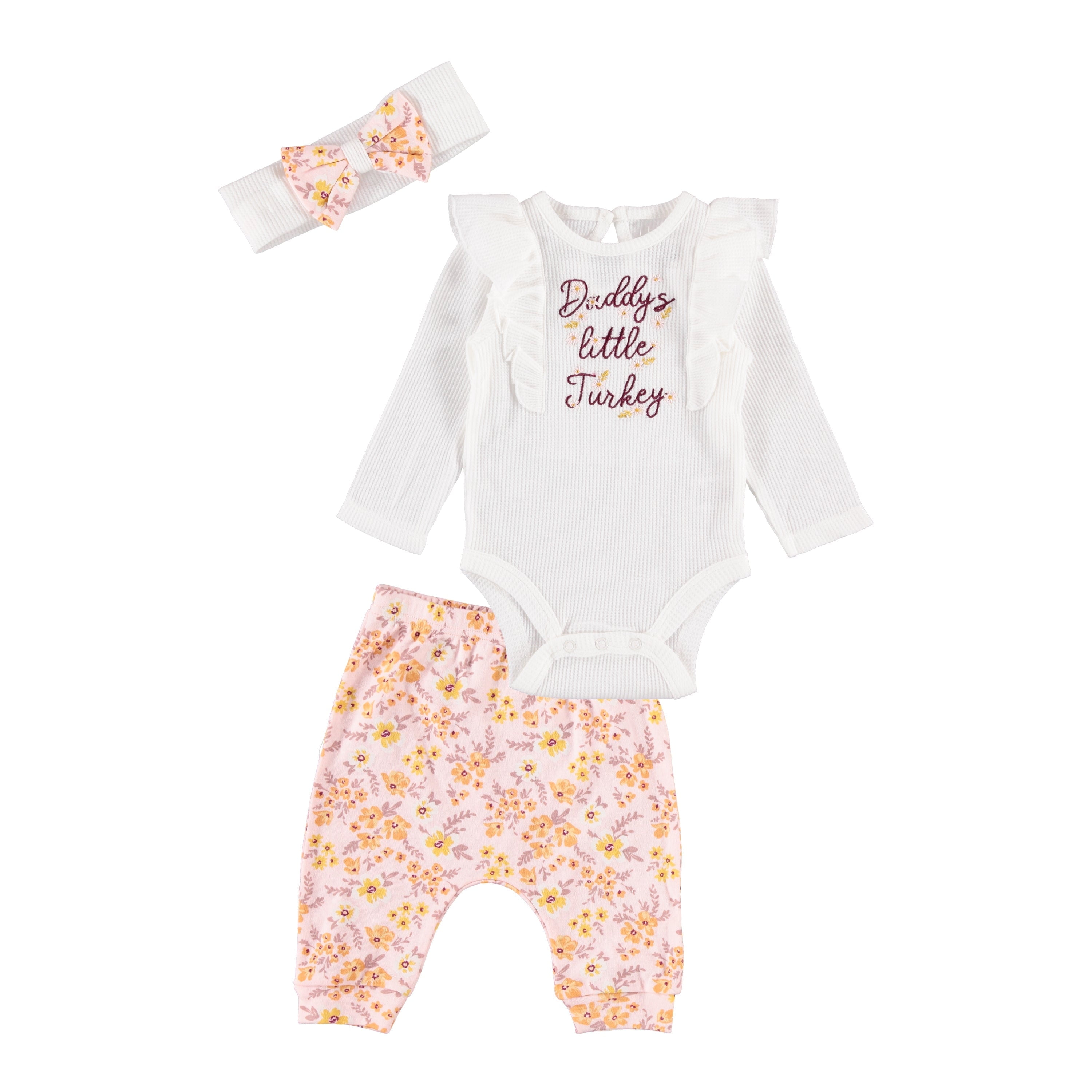 Cutie Pie Baby Girl Newborn Essentials Baby Onesie Bodysuit Set, 3-Piece Floral Thanksgiving Attire, 6-9M