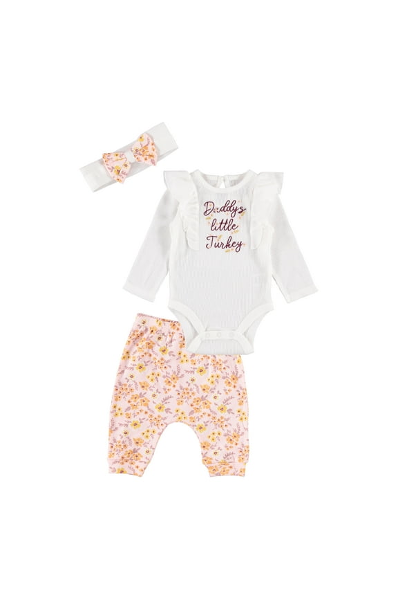 Cutie Pie Baby Girl Newborn Essentials Baby Onesie Bodysuit Set, 3-Piece Floral Thanksgiving Attire, 6-9M