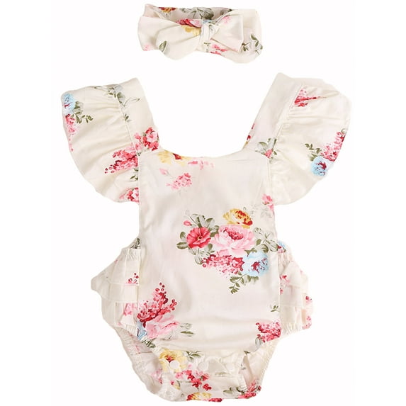 Baby Girl Newborn Floral Bodysuit Sleeveless Romper Ruffle Bottom Outfits Summer Clothes