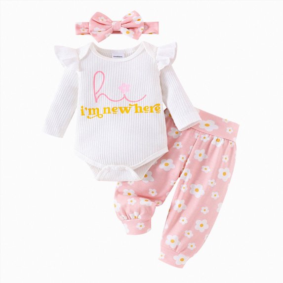 Baby Girl Newborn Going Home Outfit Long Sleeve Letter hi I'm new here Print Ruffle Romper+ Floral Pants + Cute Headband Sets for Fall Winter 0 3 6 Months