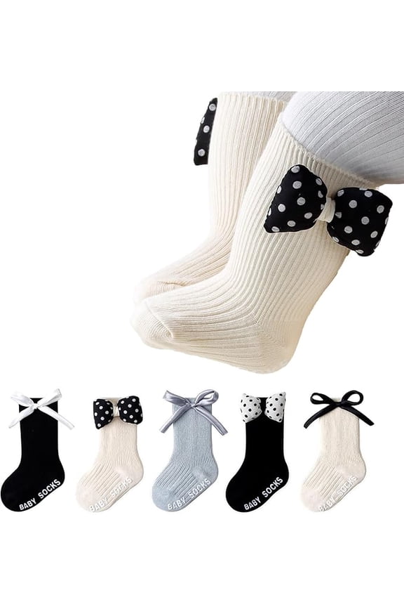 Baby Girl Non-Slip Socks with Bowknot, Soft Ribbed Princess Crew Socks for Infants & Toddlers 5 Pairs