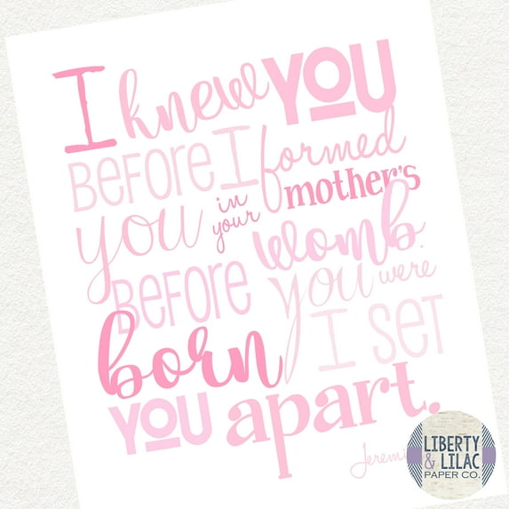 Baby Girl Nursery Art I Knew You Before I Formed You in Your Mother's Womb Christian Art Bible Verse Pink and White Baby Shower Gift Christening Gift Baptism Gift 16x20