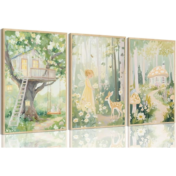 Baby Girl Nursery Canvas Wall art Cute Woodland Fairy Posters Fantasy Forest Animals Pictures Wall Decor Magic Mushroom Tree House Bunny Deer Watercolor Paintings Prints for Girls Room Bedroom Decor