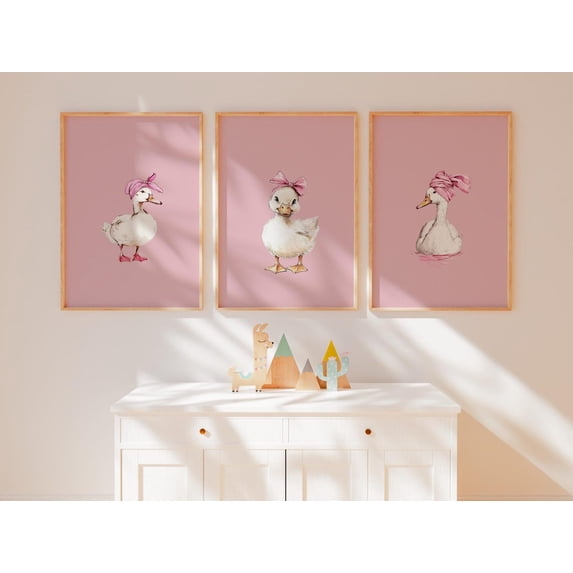 Baby Girl Nursery Duck Print Girl's Room Printable Cute Nursery Wall Art Pink Preppy Set 3 Stretched Canvas 8x12