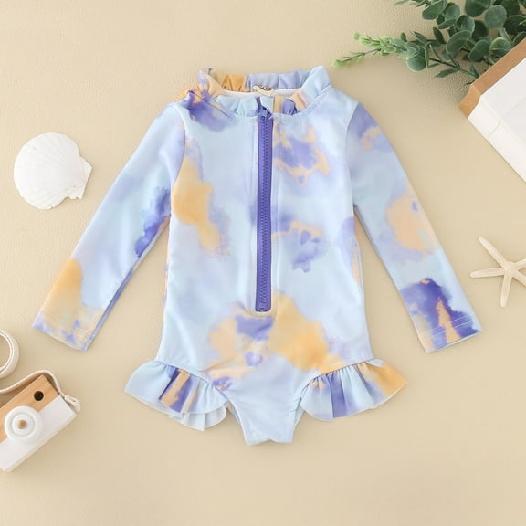 Baby Girl One Piece Swimsuit Rash Guard Swimsuit Long Sleeve Floral Print Baby Ruffles Swimwear UPF 50  Cute Kids Girl Bikini Swimwear For Toddler Girls 5T