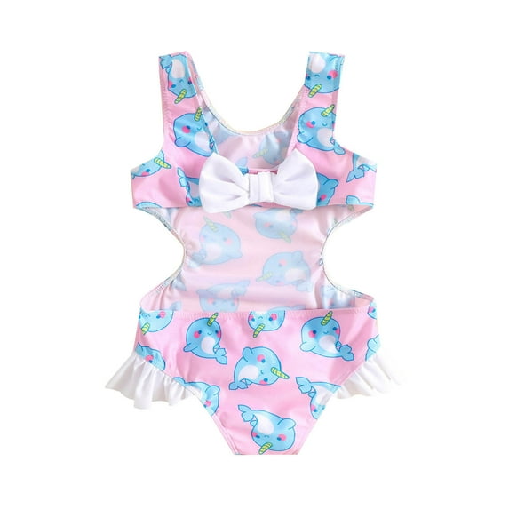 Baby Girl One Piece Swimsuits Cute Bathing Suit Summer Ruffles Cartoon Prints Bowknot Onesie Bikini Beach Girls' Swimwear Swim Suit Pink Size 18-24 Months