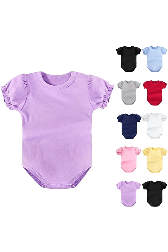 Baby Girl Onesie Ruffled Puff Short Sleeve Sleep Play Bodysuit Soft Cotton Toddler Infant One Piece Outfits (18-24 Months, Purple)