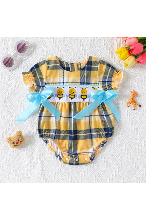 Baby Girl Onesies Newborn Infant Girl Summer Bee Plaid Ruffle Short Sleeve Romper Baby Bodysuit Yellow 0-3 Months