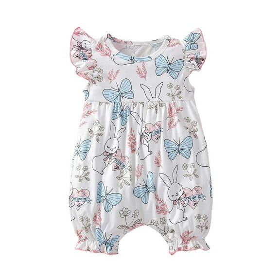 Baby Girl Onesies Summer Ruffle Sleeve Full Print Rabbit Flat Corner Cotton Bunny Jumpsuit Cartoon Baby Rompers White