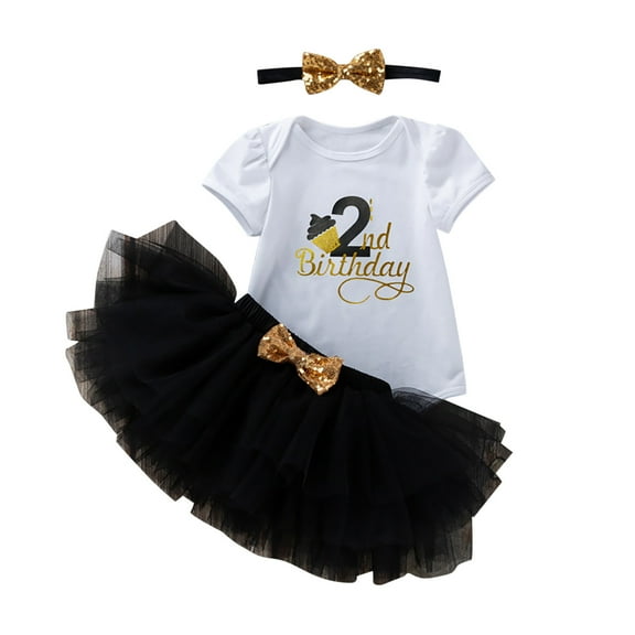 Baby Girl Outfit 2Nd Birthday Party Outfit for Toddler Girls Short Sleeve Romper and Mesh Tutu Skirt Headband 3 Piece Set Girls Outfits Black 0 Months-3 Months