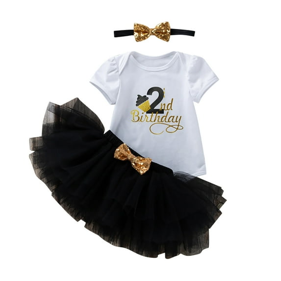 Baby Girl Outfit 2Nd Birthday Party Outfit for Toddler Girls Short Sleeve Romper and Mesh Tutu Skirt Headband 3 Piece Set Girls Outfits Black 0 Months-3 Months
