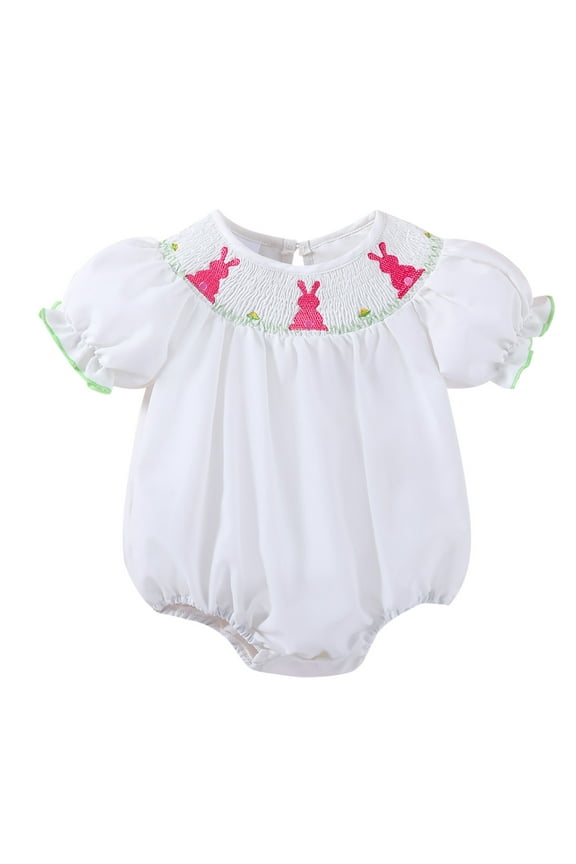 Baby Girl Outfit Cute Pattern Embroider Girls Short Sleeve Bubble Romper Bodysuit Baby Bodysuit for 12-18 Months
