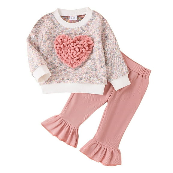 Baby Girl Outfit Heart Flower Long Sleeve Sweater Tops Flared Pants Set Girls Clothes Pink 9-12 Months