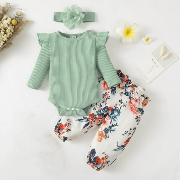 Baby Girl Outfit Infant Romper Long Sleeve Solid Color bodysuit Flower Print Pants Headband 3Pcs Set Newborn Clothes Set Green 0-3 Months