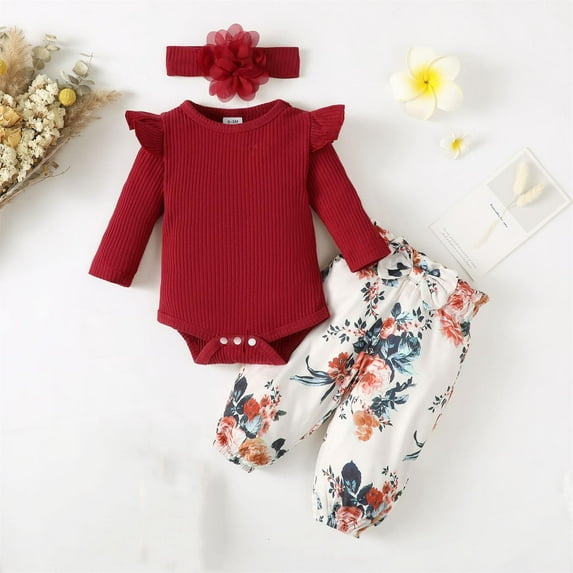 Baby Girl Outfit Infant Romper Long Sleeve Solid Color bodysuit Flower Print Pants Headband 3Pcs Set Newborn Clothes Set Red 0-3 Months