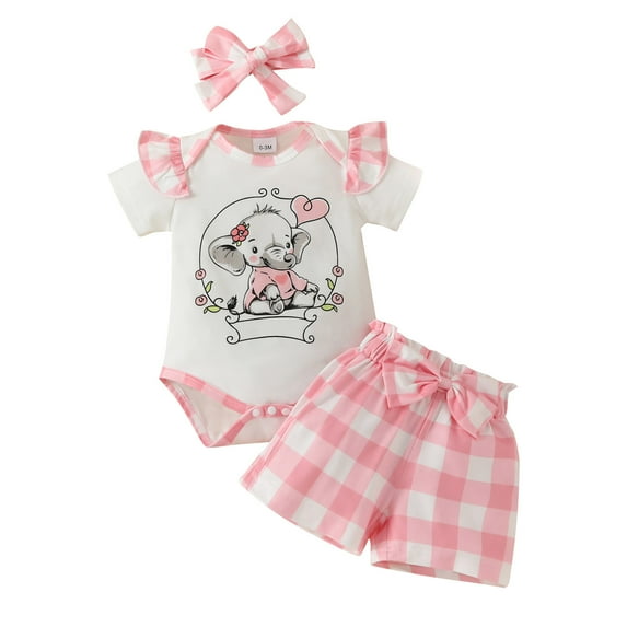 Baby Girl Outfit Kids Short Sleeve Cartoon Prints Romper Bodysuit Plaid Shorts Headbands Outfits Baby Girl Clothes Red 3 Months-6 Months