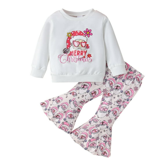 Baby Girl Outfit Long Sleeve Cartoon Prints T Shirt Pullover Tops Bell Bottoms Pants Outfits Baby Clothes White 12 Months-18 Months