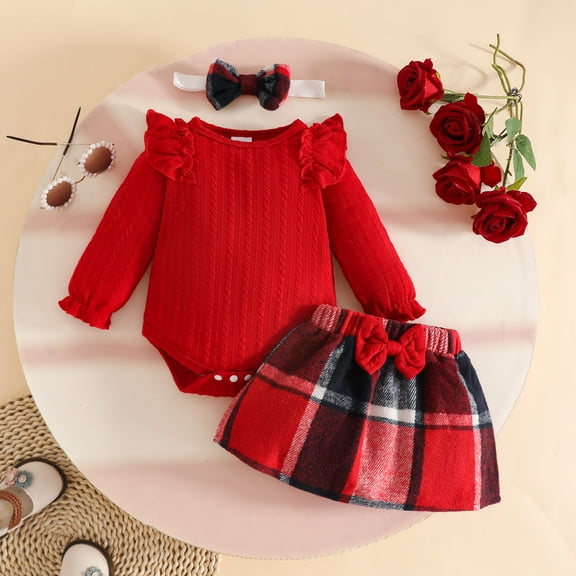 Baby Girl Outfit Long Sleeve Ruffled Ribbed Romper with Plaid Bowknot Skirt and Headband Girls' Clothing Sets Red 9-12M