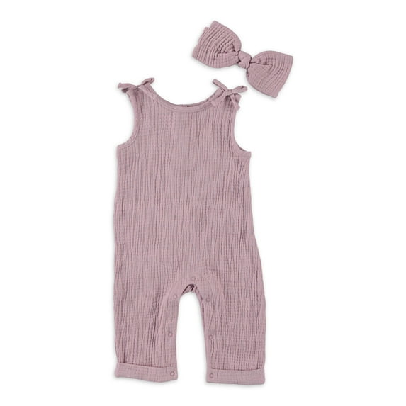 Baby Girl Outfit Set Infant Newborn Overalls and Matching Headband 2 PC Set Muslin Adorable Purple 18M