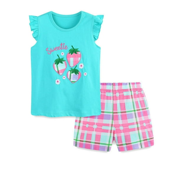 Baby Girl Outfit Sets Cartoon Print Fly Sleeve T Shirt Tops And Plaid Shorts 2PCS Outfits Summer Children's Clothing Light Blue,5Y