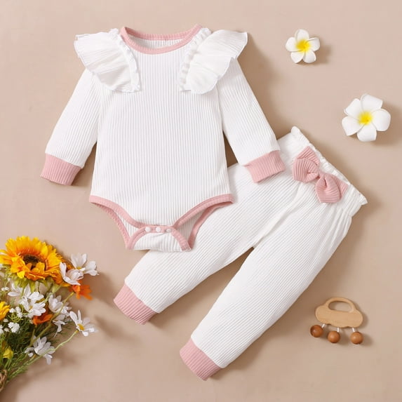 Baby Girl Outfit Sets Long Sleeve Ruffle Bodysuit Baby Girl Solid Color Crewneck Top Ribbed Newborn Girl Outfit with Headband