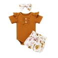thumbnail image 1 of Baby Girl Outfit Sets Solid Ribbed Romper Floral Bow Shorts Headbands Summer Girls' Clothing Sets Cute Shorts Set Coffee 0-6 Months, 1 of 5